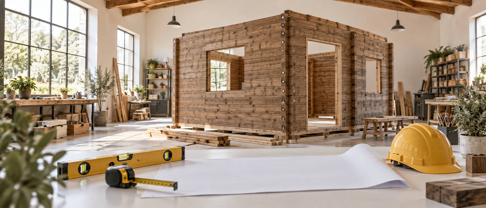 Modules de maison en bois massif assemblés dans un atelier de construction