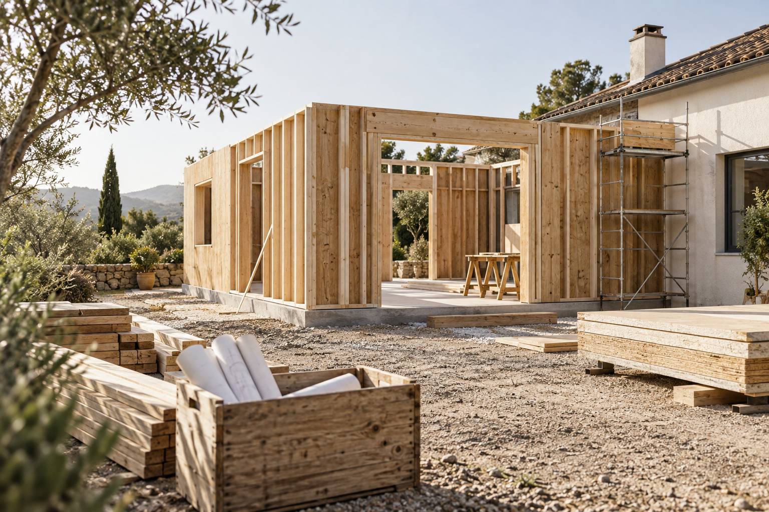 Ossature et panneaux préfabriqués d'une extension de maison en bois