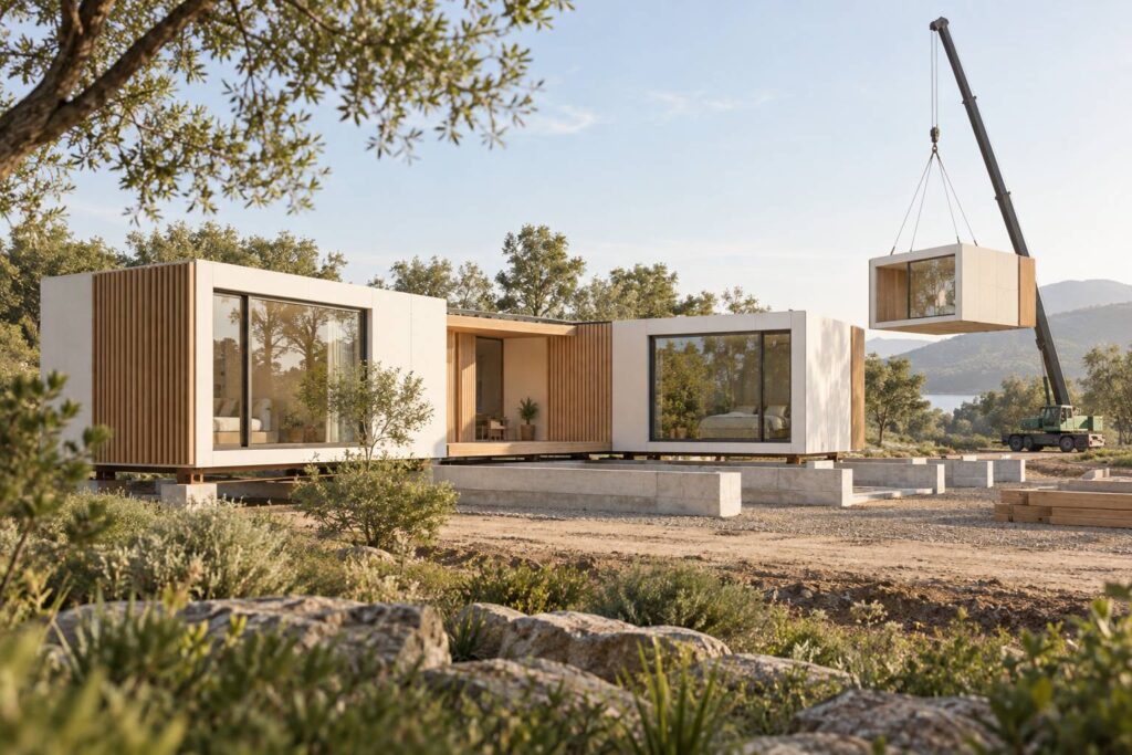 Maison modulaire claire en cours d'installation sur ses fondations