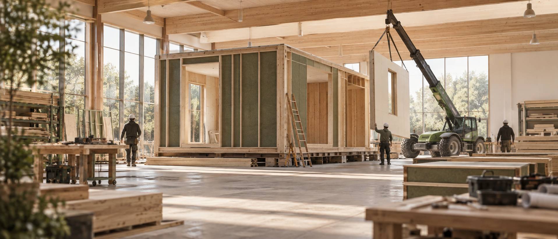 Maison contemporaine en ossature bois avec bardage clair et baies vitrees