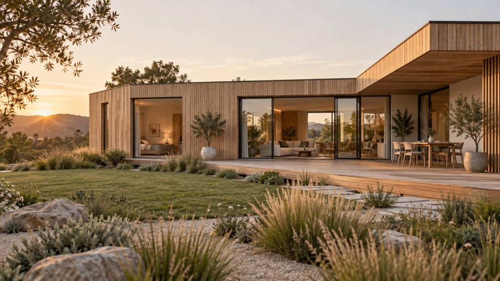Maison contemporaine en ossature bois avec bardage clair et baies vitrees