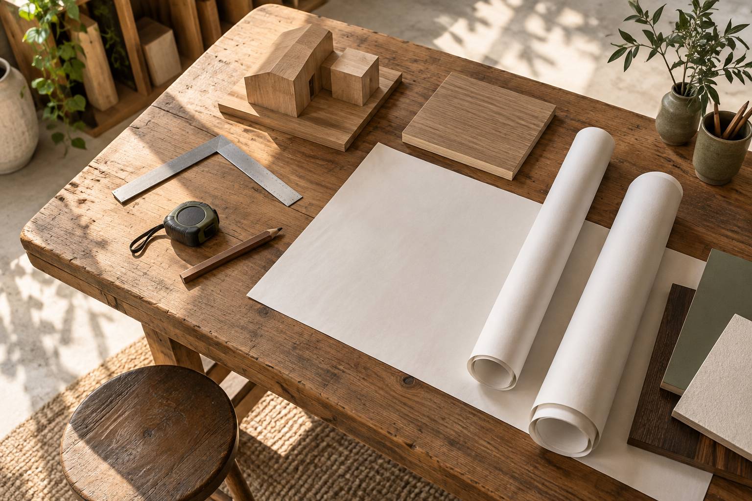 Plans, equerre et maquette en bois sur une table de chantier