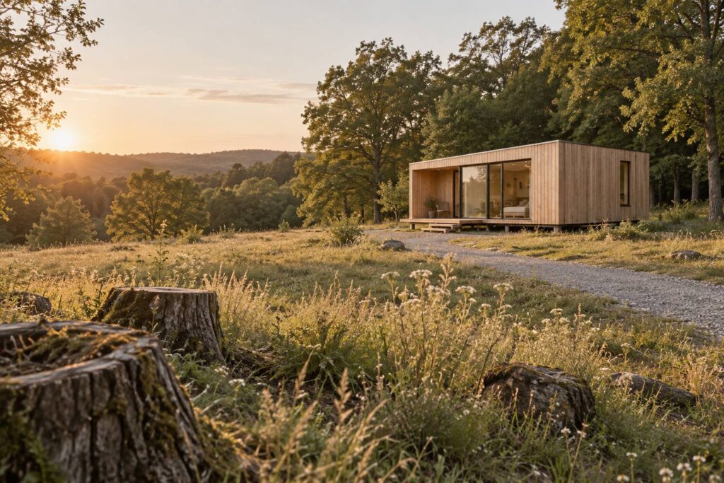 Module d'habitation prefabrique en bois clair sur une parcelle en lisiere d'arbres