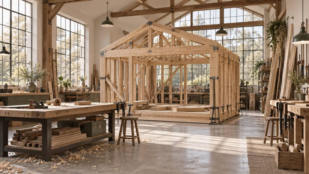 Ossature de module bois assemblée dans un atelier de charpente