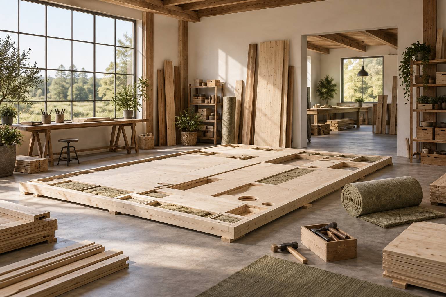 Module préfabriqué en bois au sol d'atelier avec rouleau d'isolant