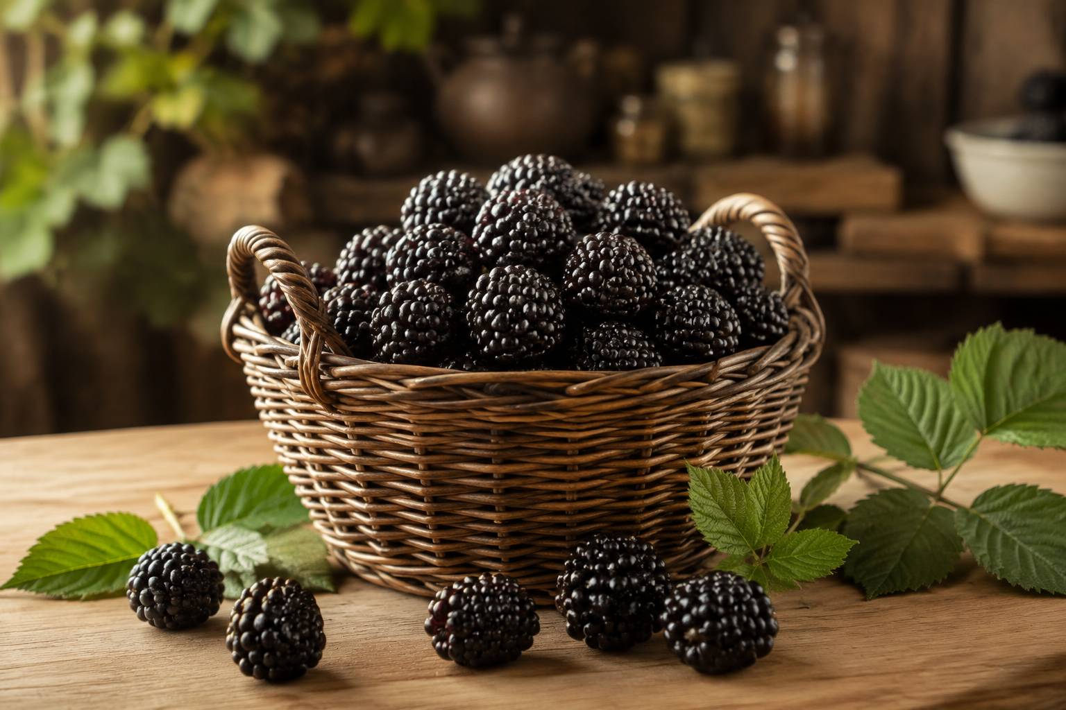Corbeille de mûres noires fraîches et brillantes avec feuilles sur une table en bois