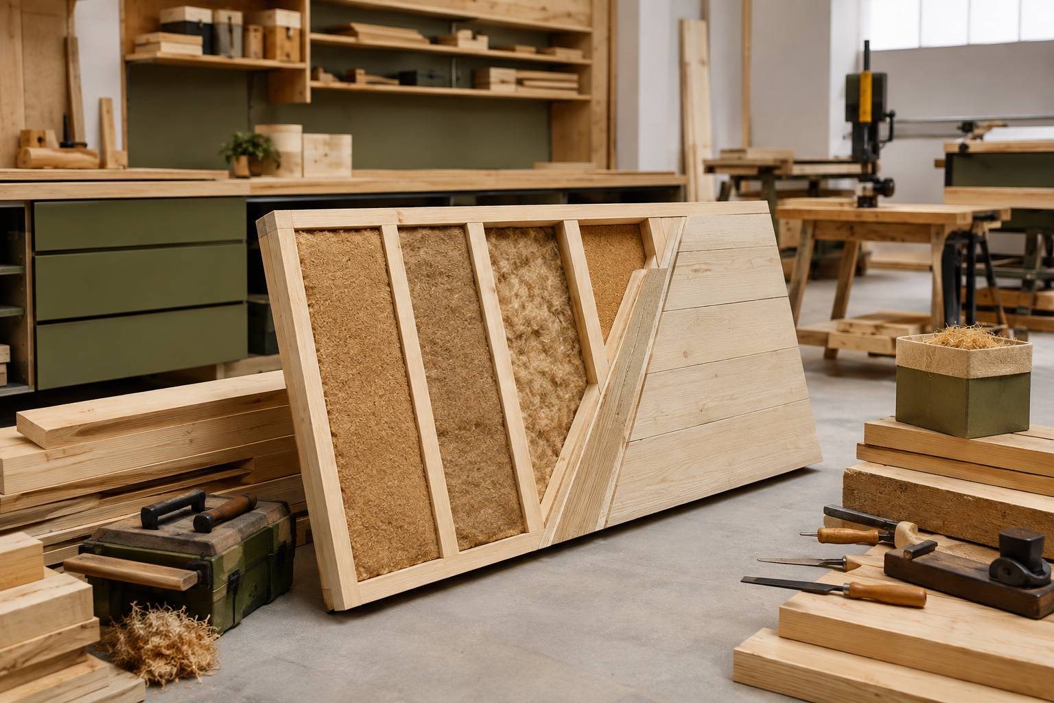 Coupe de mur à ossature bois montrant montants, isolant et parement dans un atelier de menuiserie