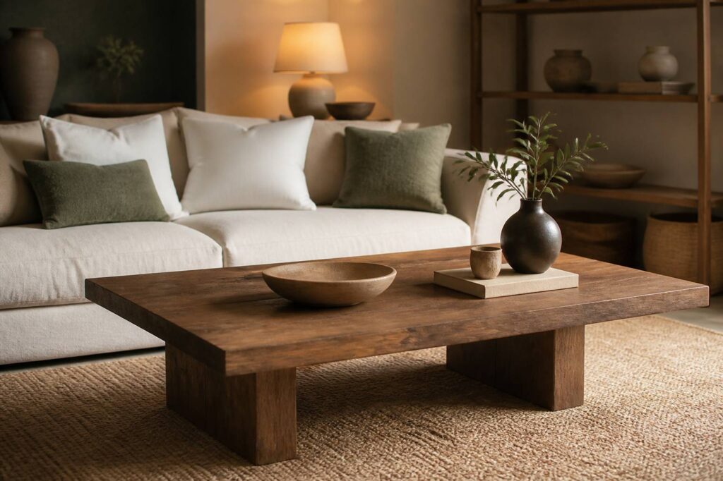 Salon contemporain avec table basse en chêne massif et tapis texturé