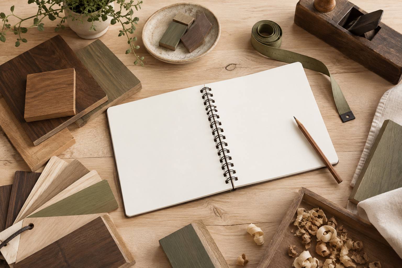 Échantillons de bois et mètre ruban sur un plan d'atelier