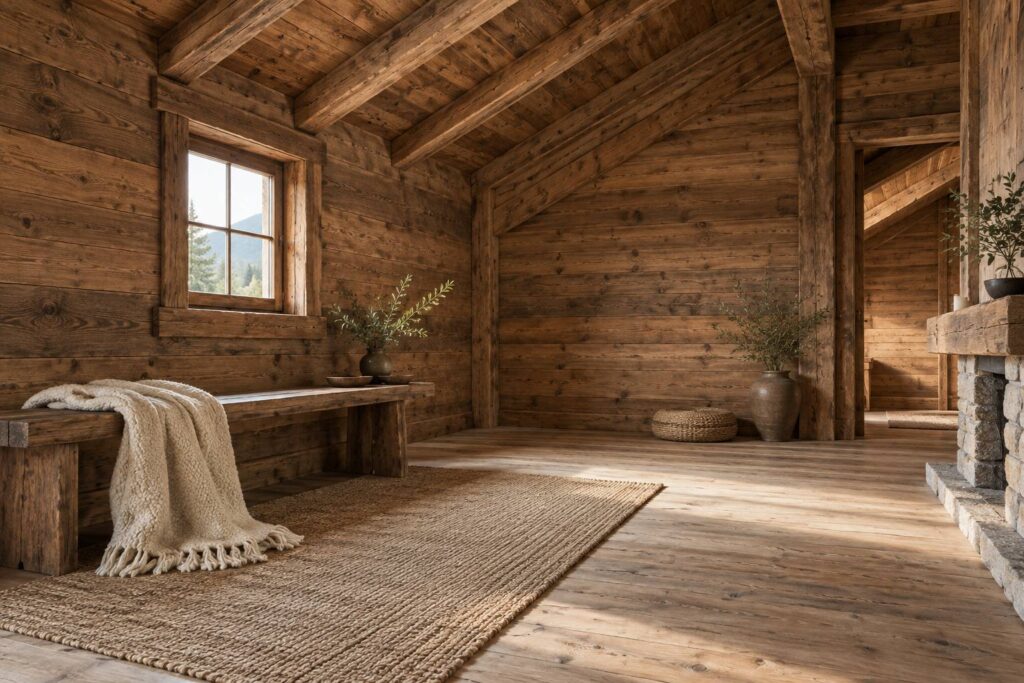 Interieur de chalet en bois massif avec madriers apparents et poutres