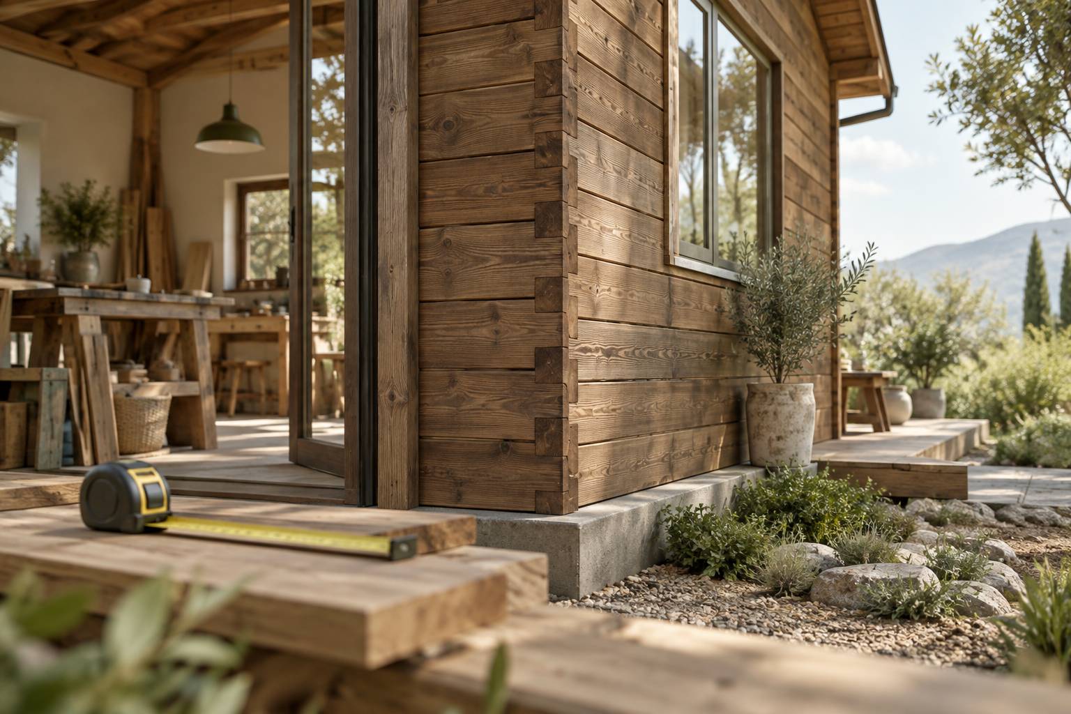 Détail d'un angle de chalet en bois avec assemblage de façade et implantation au sol