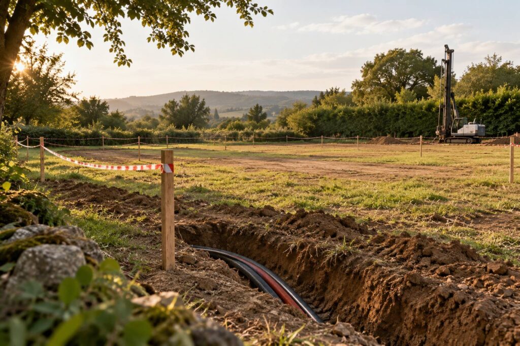 Terrain constructible avec piquets de bornage et tranchée de viabilisation