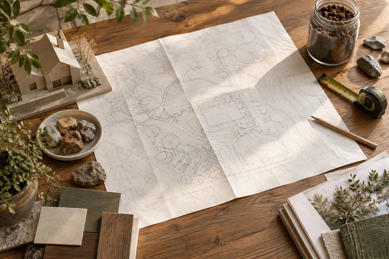 Plan de terrain et mètre ruban posés sur une table en bois