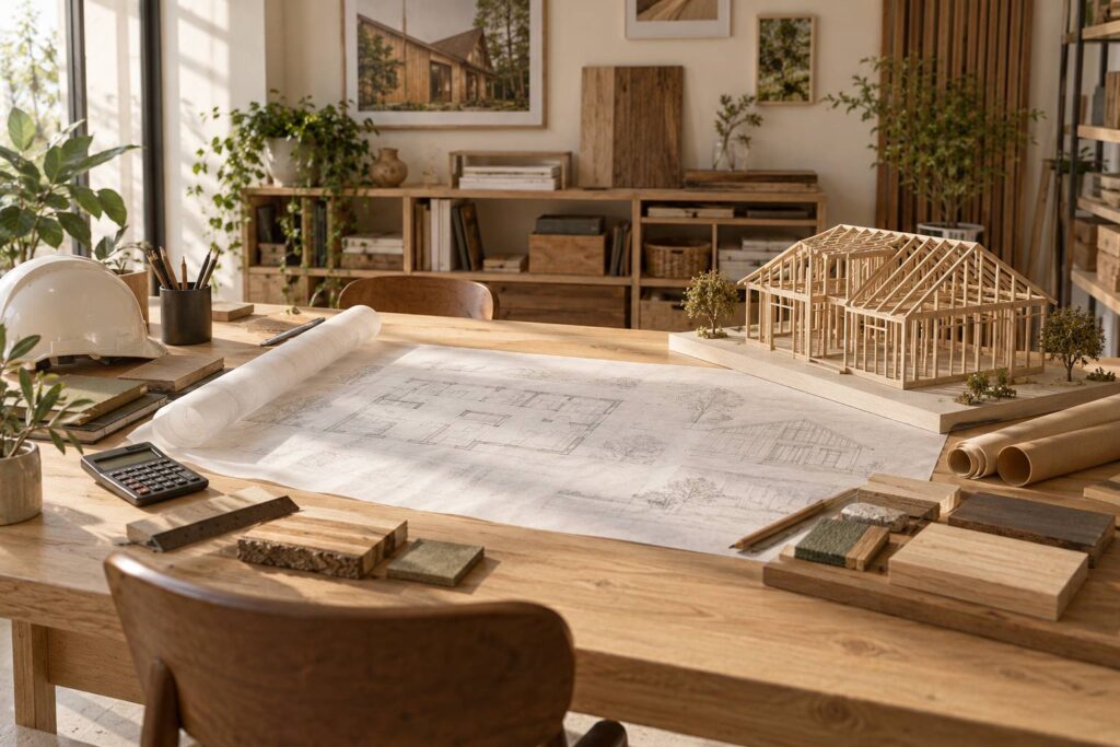 Bureau d'etudes avec maquette de maison a ossature bois et casque