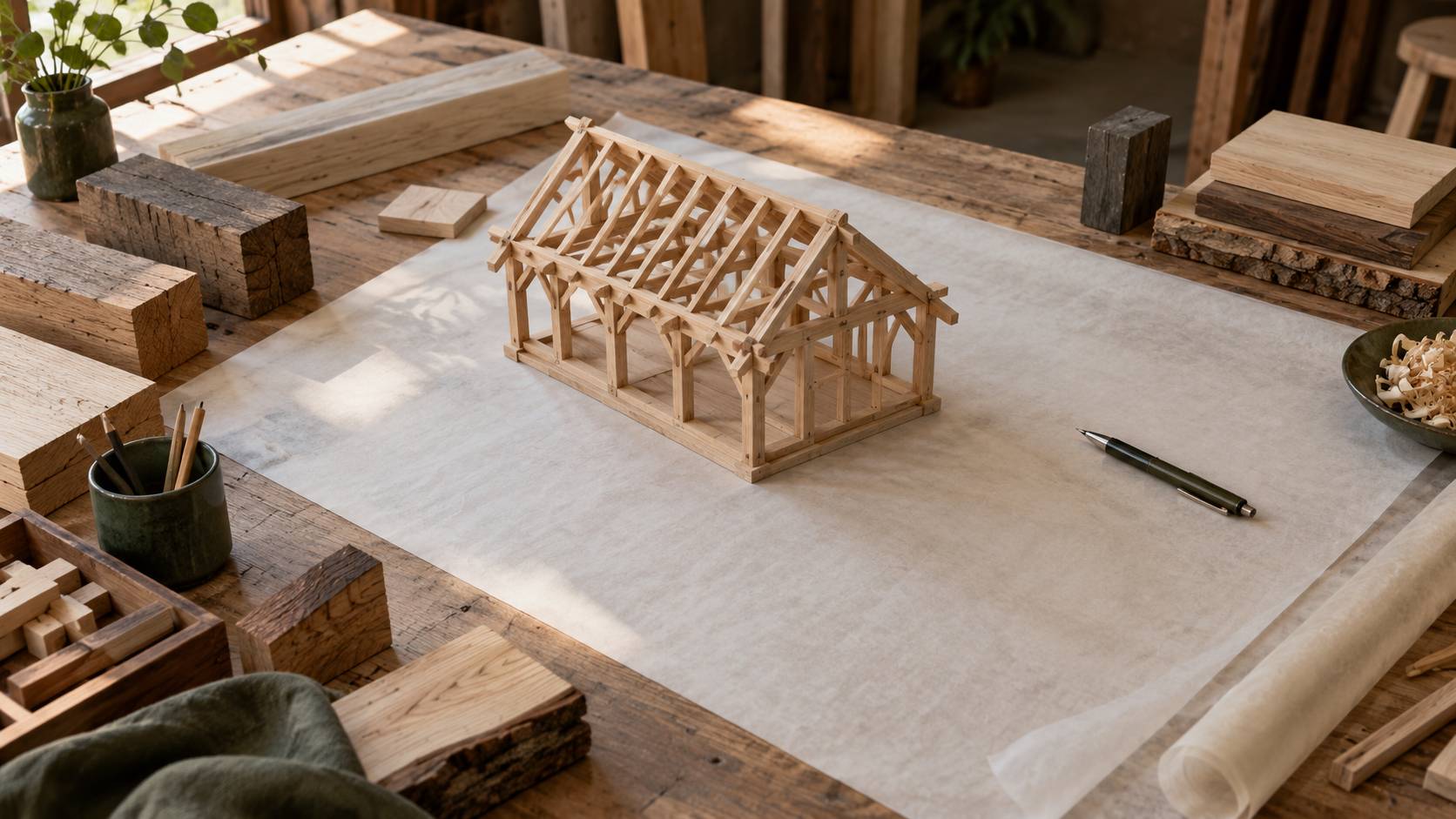 Maquette de charpente en bois avec echantillons et plan deroule