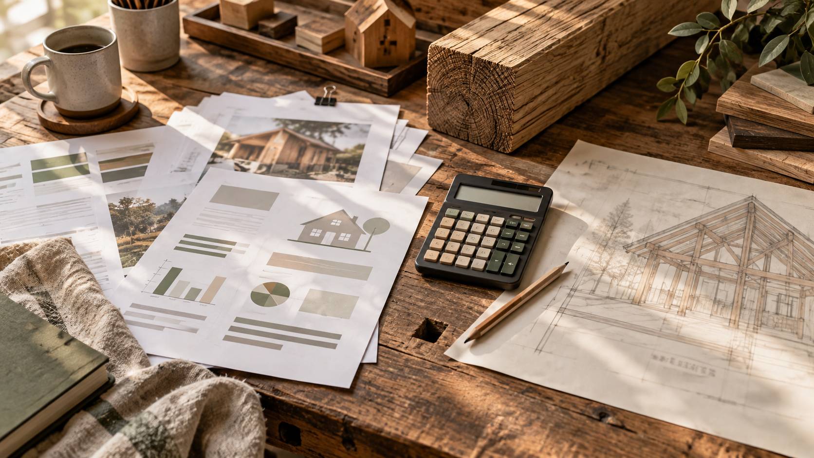 Établi avec échantillon de poutre en bois et documents de financement