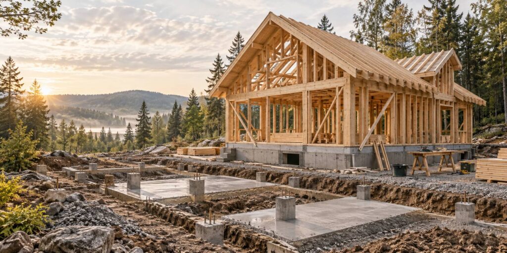 Chantier de chalet en bois avec fondations beton et pieux sur terrain prepare