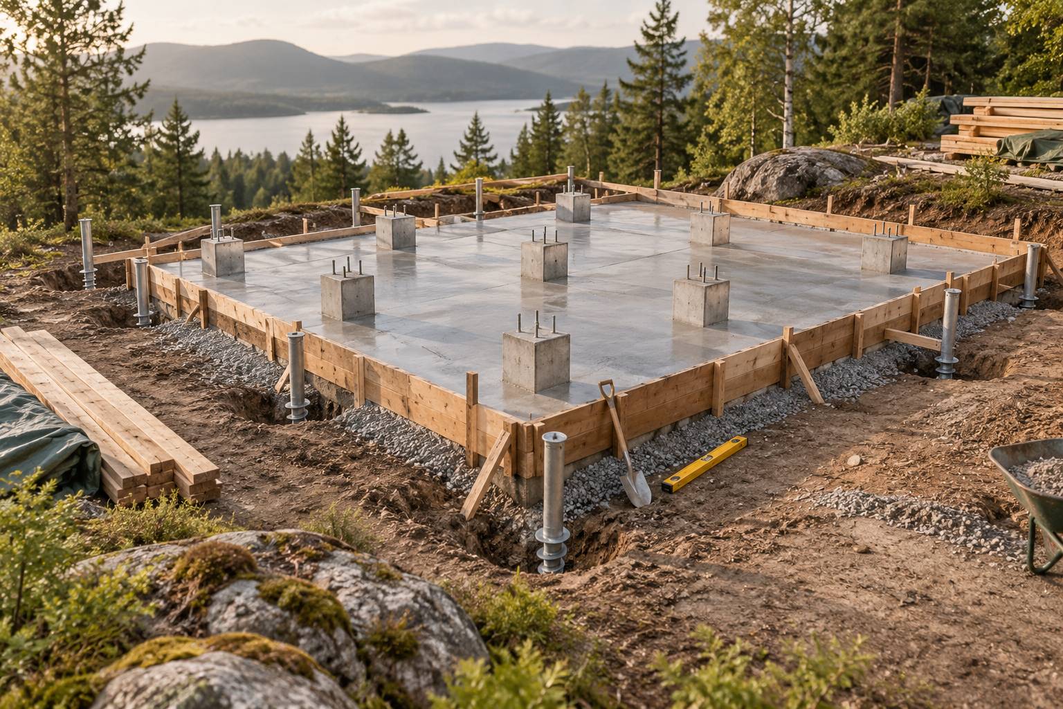 Detail des fondations d'un chalet : dalle beton, plots et pieux vissees