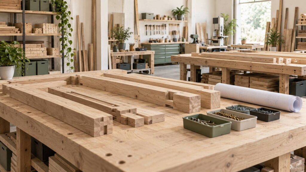 Pieces de bois d'un kit d'ossature rangees dans un atelier