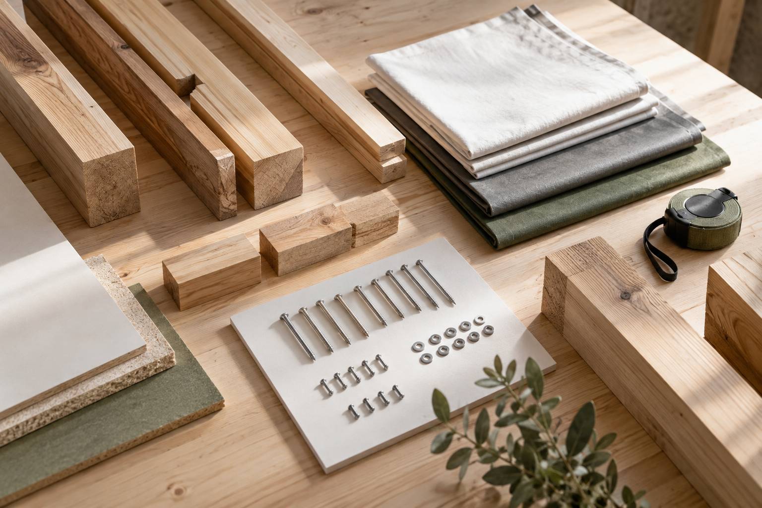 Sections bois et visserie d'un kit alignees sur un etabli