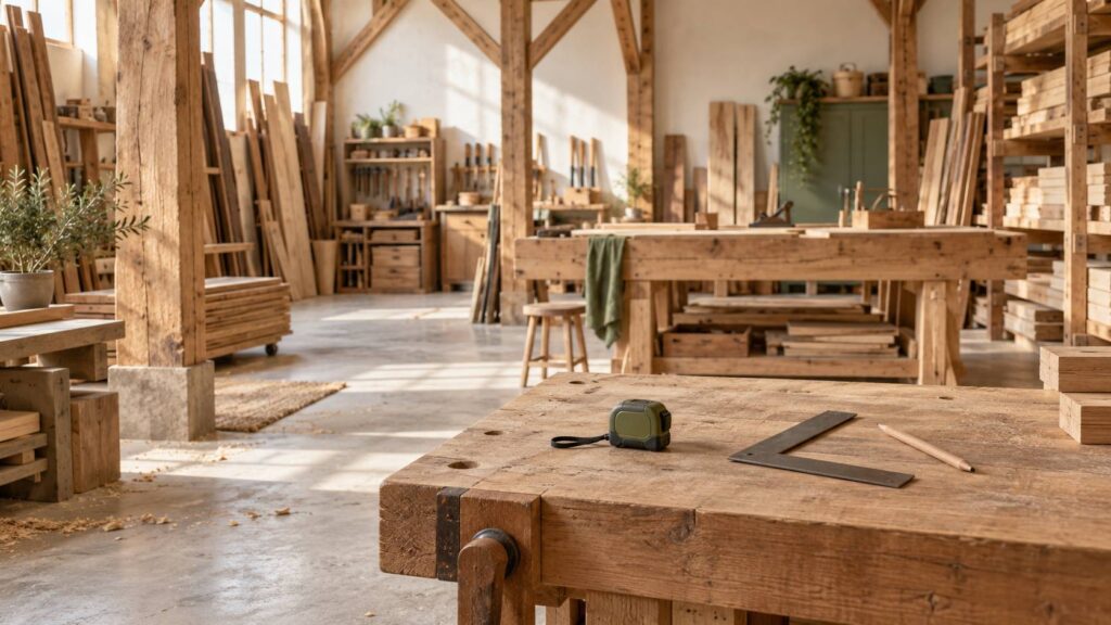 Poutres et panneaux de bois empilés dans un atelier de charpente clair