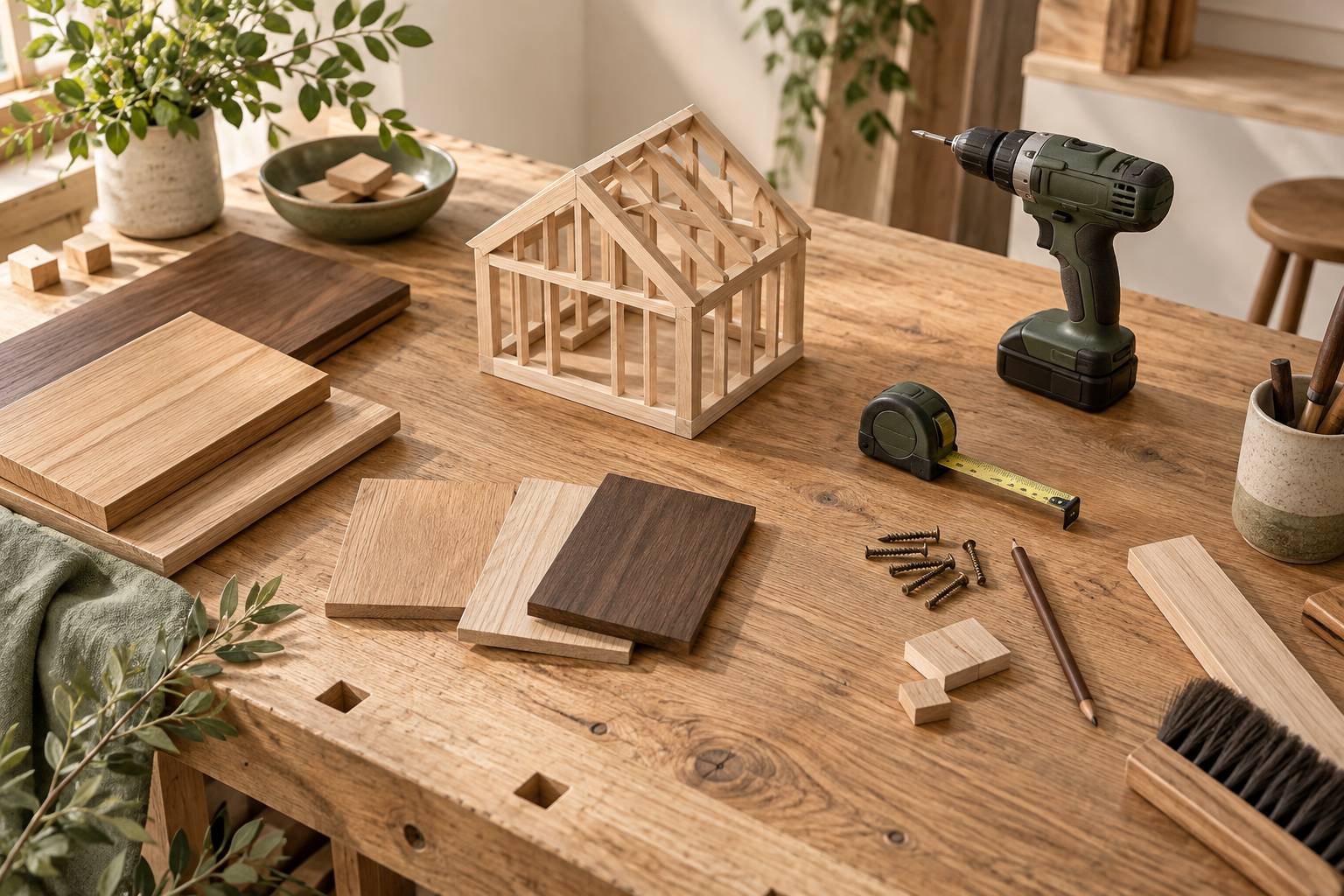 Échantillons de bois et ossature miniature sur un établi de menuiserie