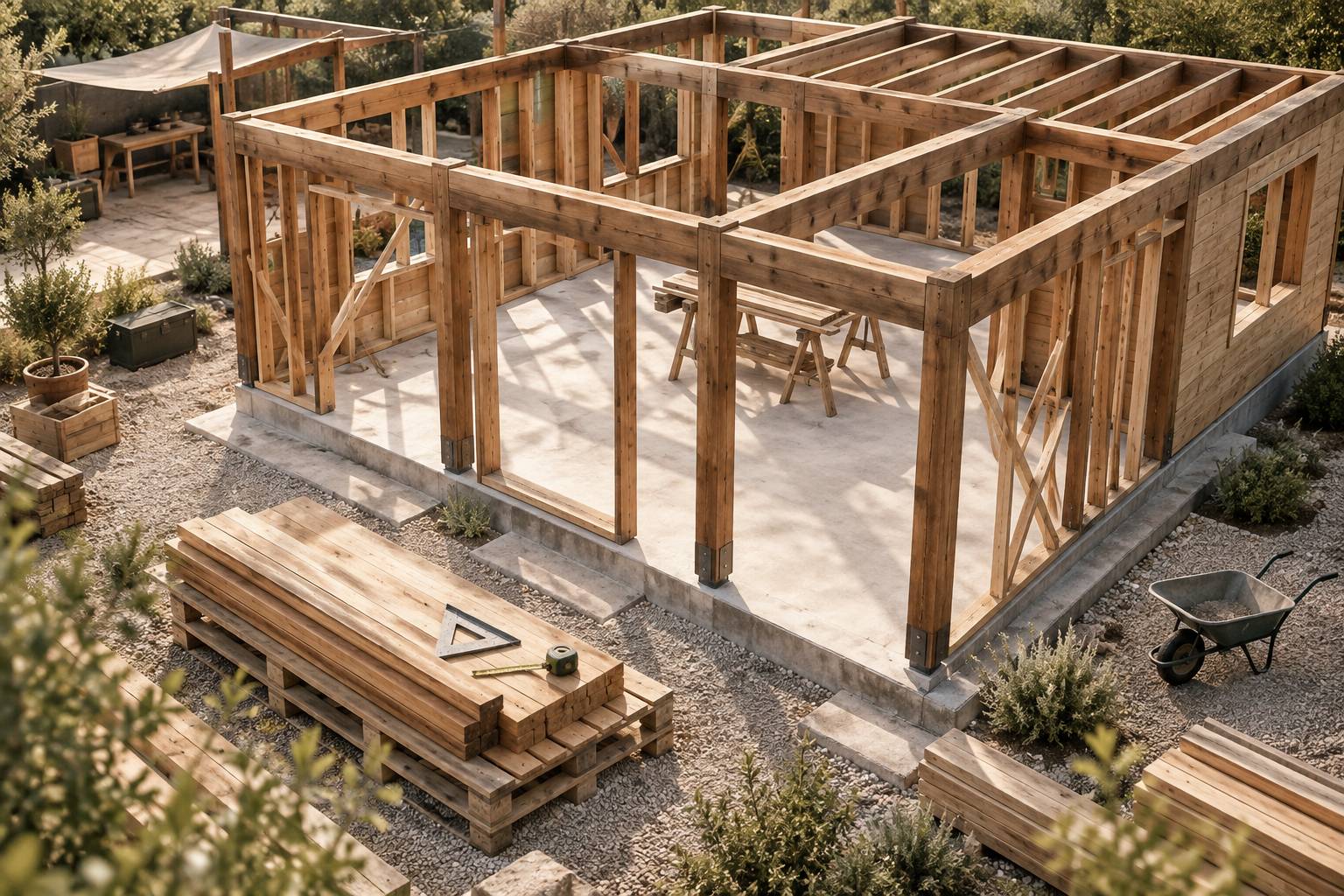 Ossature en bois d'une maison en construction sur dalle de chantier