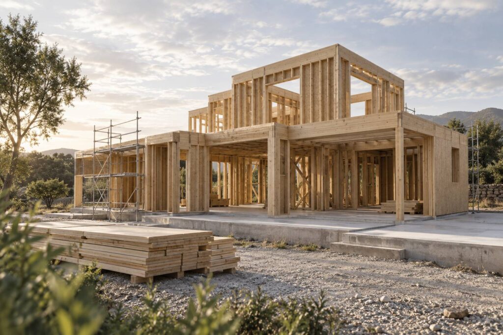 Structure de maison a ossature bois en construction sur une dalle