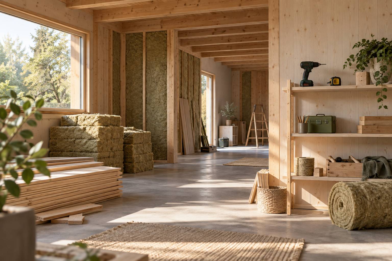 Interieur d'une maison a ossature bois en travaux avec panneaux et isolant