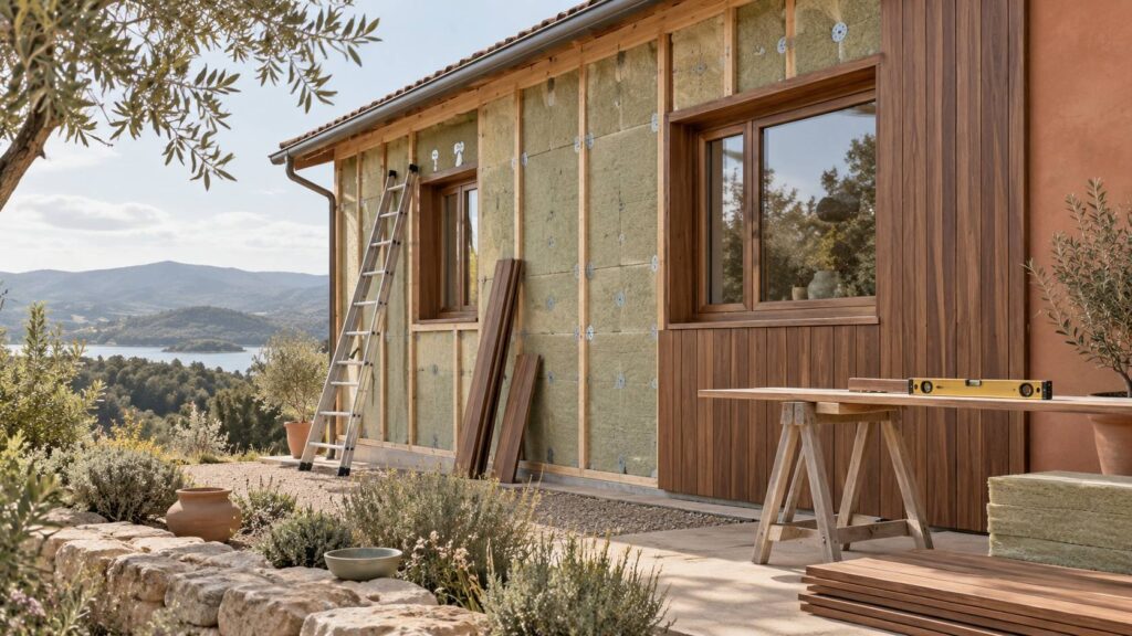 Maison à ossature bois avec isolation extérieure en cours de pose
