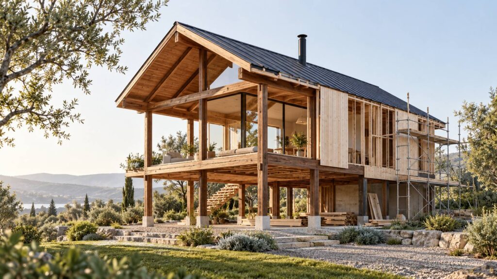 Maison surélevée en ossature bois avec structure apparente et chantier propre