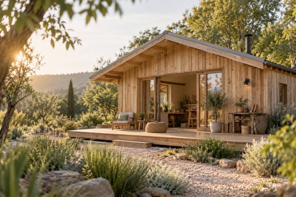 Facade de chalet en bois clair exposee au soleil avec terrasse