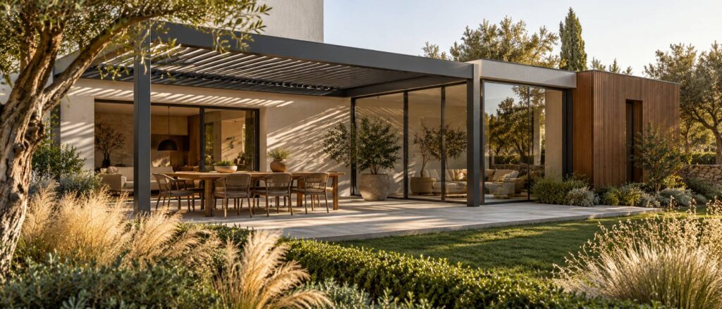 Pergola bioclimatique à lames, véranda vitrée et extension en bardage bois devant un jardin